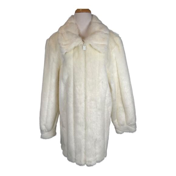 Dennis Basso Faux Fur Coat Women’s Large White Zip-Up Plush Jacket Vintage Y2K - Picture 1 of 12